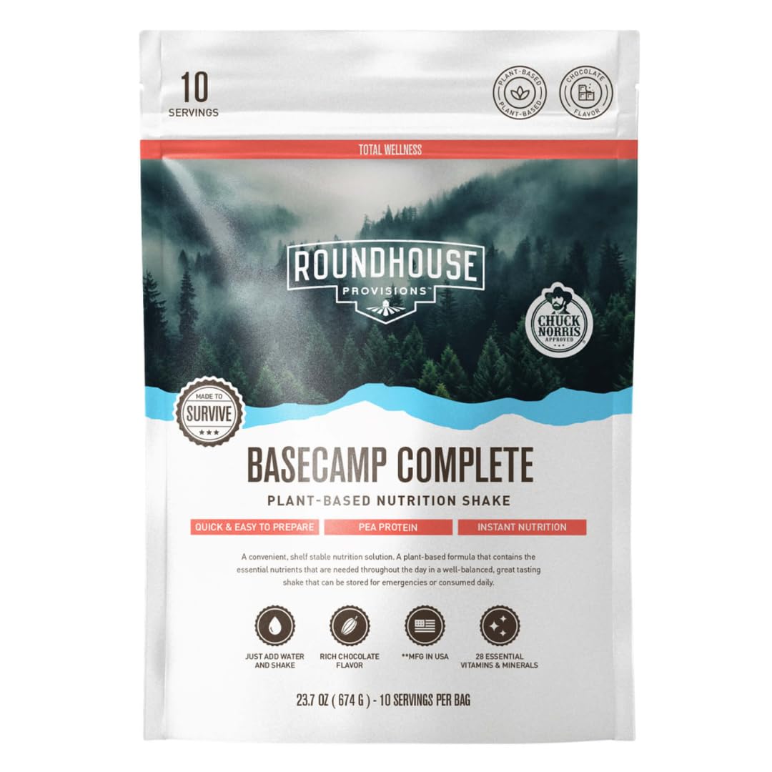 Basecamp Complete Nutrition Shake by Chuck Norris Roundhouse Provisions – Plant-Based Emergency Meal with 18g Protein & 28 Essential Nutrients – Rich Chocolate Flavor – 10 Servings, 3-Year Shelf Life ROUNDHOUSE PROVISION uk supplements