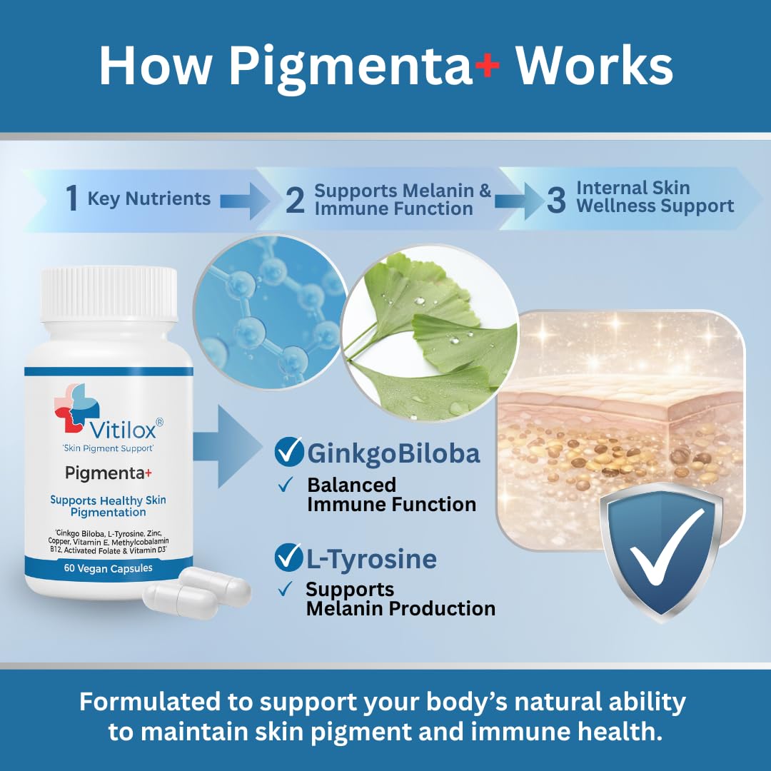Vitilox Pigmenta+ Advanced, Skin Tone Support Supplement – 60 Tablets | 2 Months | Natural Vitiligo Skin Pigmentation Support | Reduce White Body Spots Vitilox uk supplements
