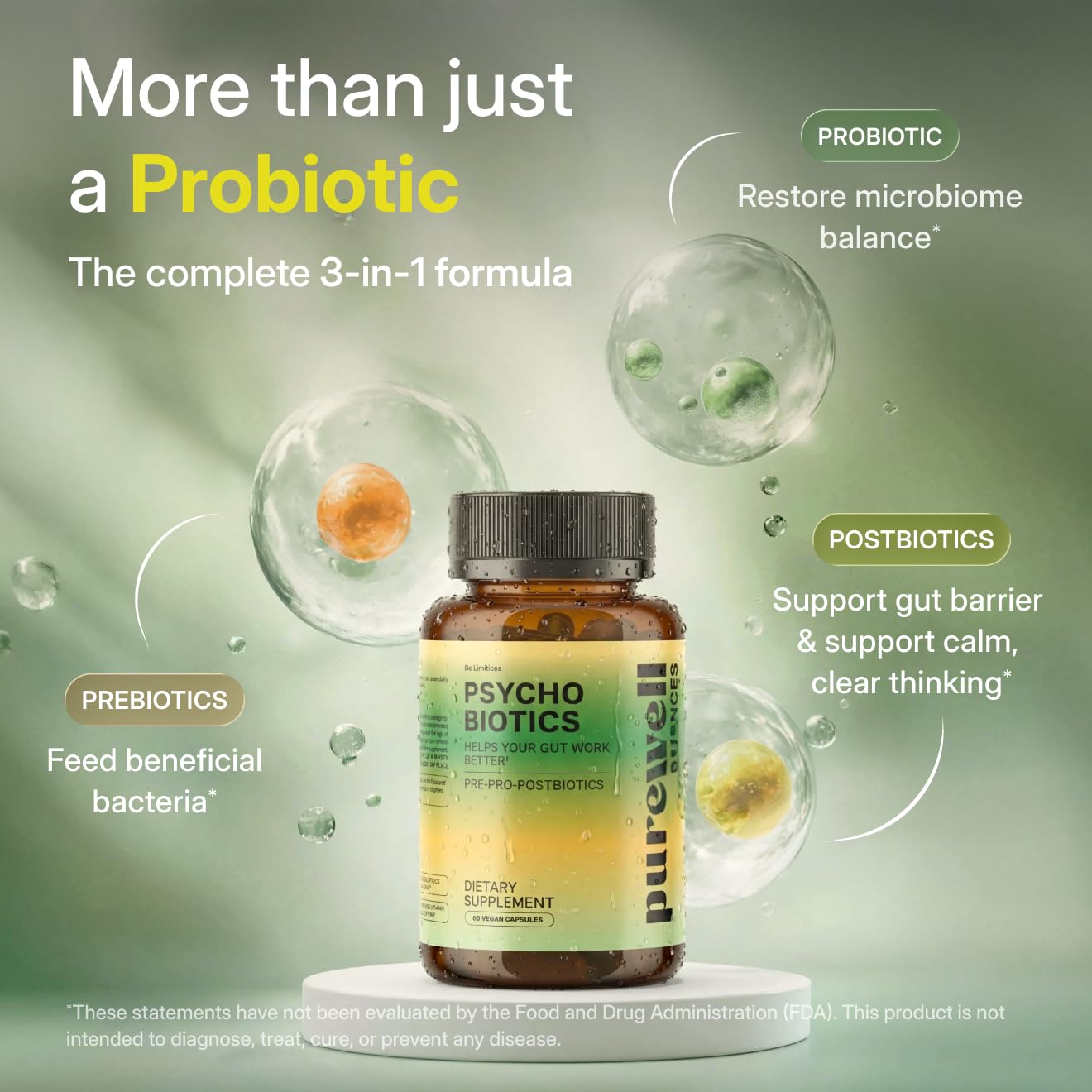 PUREWELL SCIENCES Psychobiotics – Advanced 3-in-1 Probiotic Prebiotic Postbiotic Supplement for Gut and Mood Support - 60 Vegan Probiotic Capsules – 50 Billion CFU – 1-Month Supply PUREWELL SCIENCES uk supplements