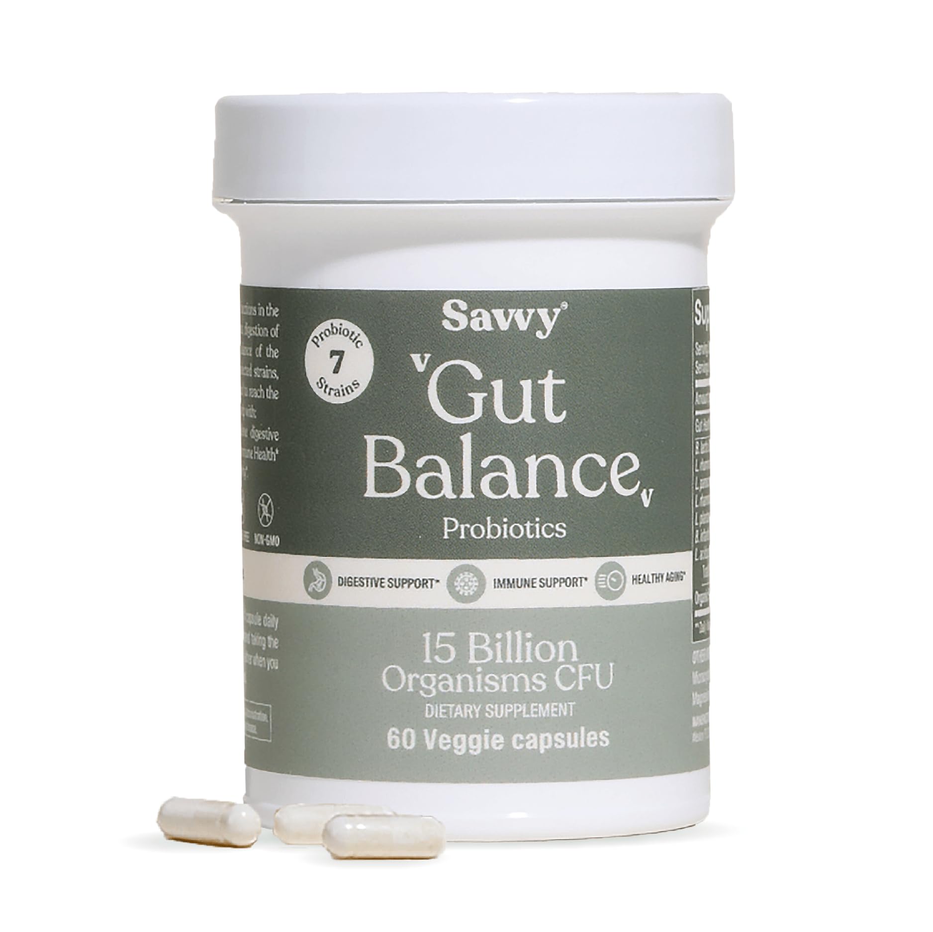 SAVVY Gut Balance Probiotics for Women & Men, 15 Billion CFU, 7 Clinically Studied Strains, Digestive Health, Immune Support, Bloating Relief, 60 Vegan Capsules, Non GMO, Sugar-Free SAVVY uk supplements