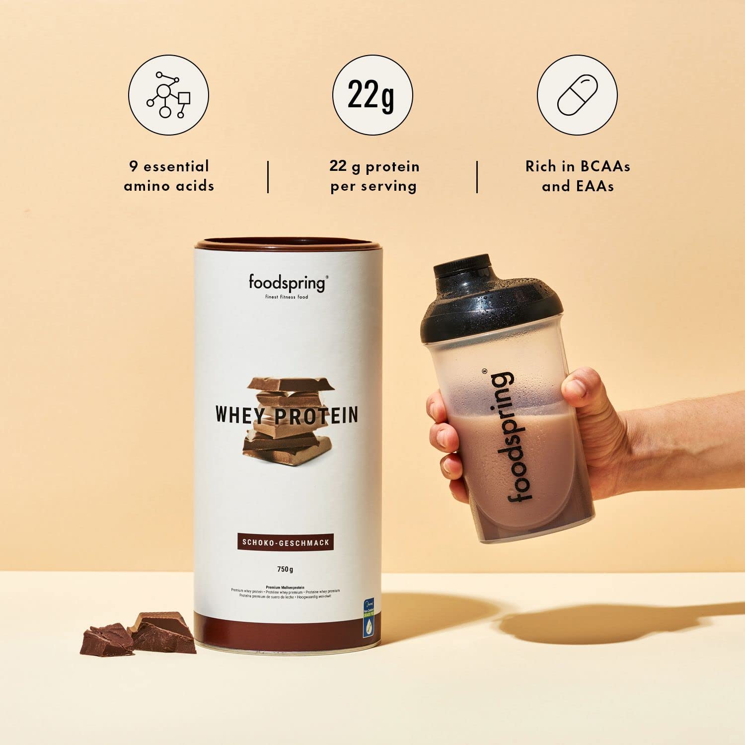 foodspring Whey Protein Powder Chocolate – with 22g Protein for Muscle Building, Perfect Solubility foodspring uk supplements