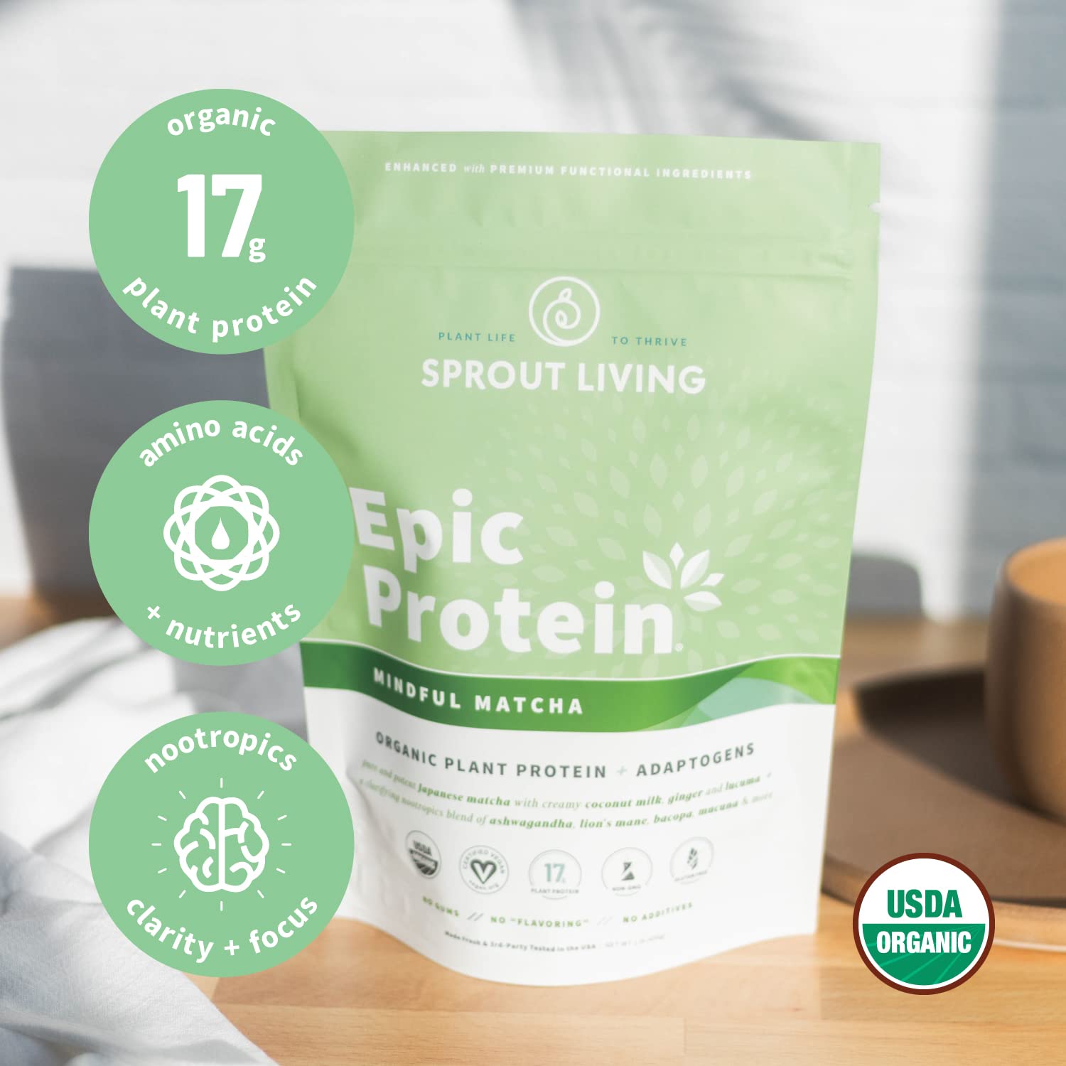 Sprout Living Epic Protein, Plant Based Protein & Superfoods Powder, Mindful Matcha Sprout Living uk supplements