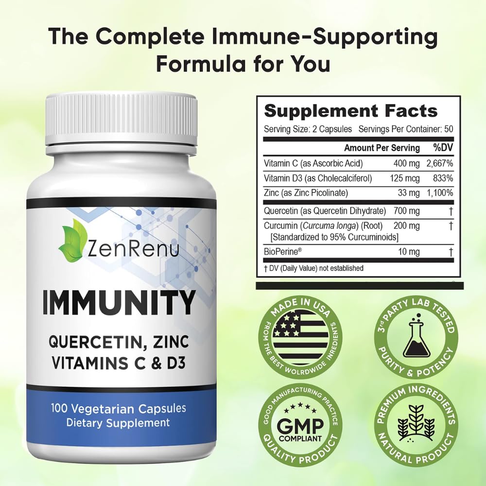 Zenrenu Immunity Quercetin 700 mg Zinc Vitamin C Vitamin D Immune Support Supplement with Curcumin - Easy to Absorb Immunity Supplement, 100 Vegetarian Capsules 50 Day Supply Zenrenu uk supplements