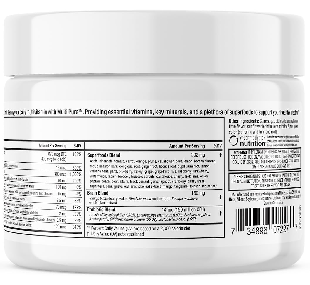 Reclaim Multi Pure Lemon Lime, Immune Support, Vitamin C, Vitamin B Complex, Probiotic, Superfood Powder, Calcium, Magnesium Oxide, (30 Servings) (Lemon Lime) Complete Nutrition uk supplements
