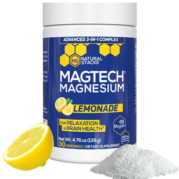 Magtein Magnesium L-Threonate, Glycinate & Taurate - MagTech Magnesium Powder - Sugar Free Lemonade Drink - 200mg Chelated Triple Complex - Supports Relaxation & Brain Health* - 30 Servings NATURAL STACKS uk supplements