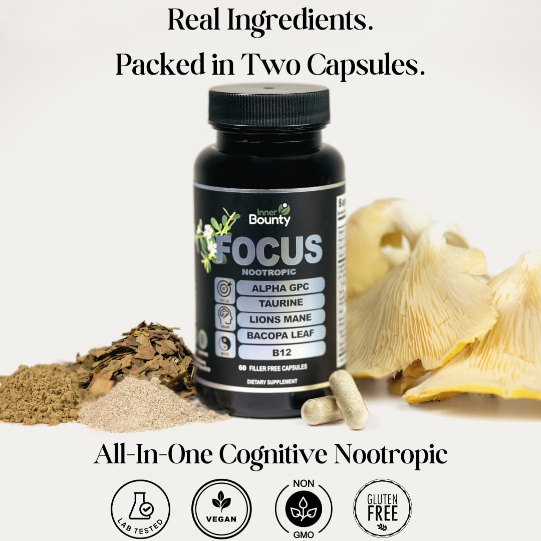 Inner Bounty Focus 14-in-1 Nootropic Brain Supplement with Lions Mane, Alpha GPC Choline, Vitamin C & B12, Taurine, Bacopa - Energy, Cognitive, Memory Support, 60 Filler Free Capsules Inner Bounty uk supplements