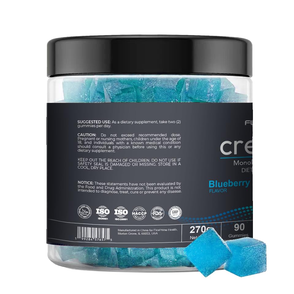 FlexPrime Creatine Gummies Sugar Free - 6g Creatine Monohydrate + L-Taurine, Alpha GPC, Betaine | Vegan Halal Blueberry Chews for Lean Muscle, Strength, Brain Health | Men Women 90 Count FlexPrime uk supplements