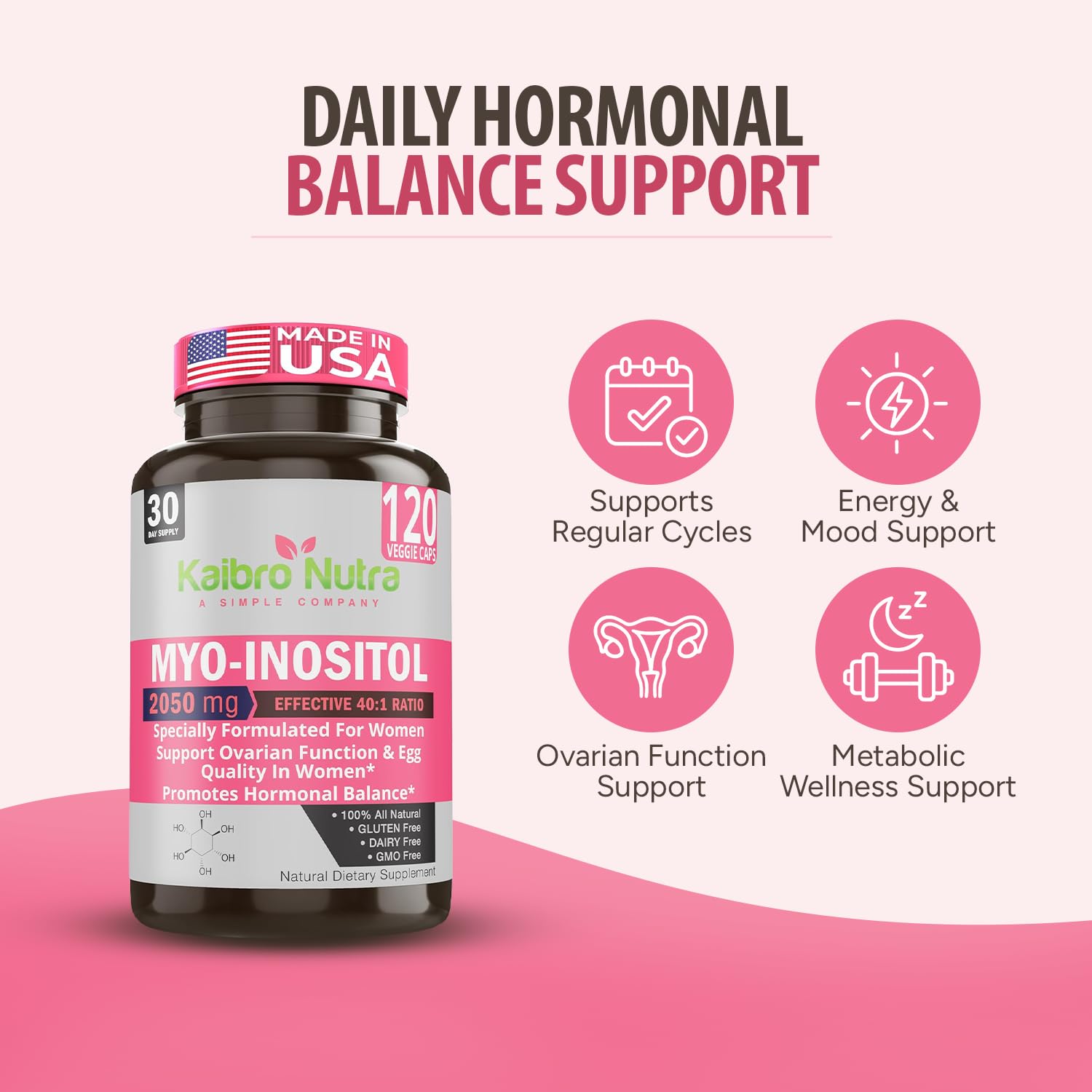 Kaibro Nutra Myo-Inositol Supplement, Myo-Inositol & D-Chiro Inositol 40:1 Ratio, Hormone Balance & Ovarian Support for Women with Vitamin B8, 2050mg, Vegan, Non-GMO Capsules 120 Count Kaibro Nutra uk supplements