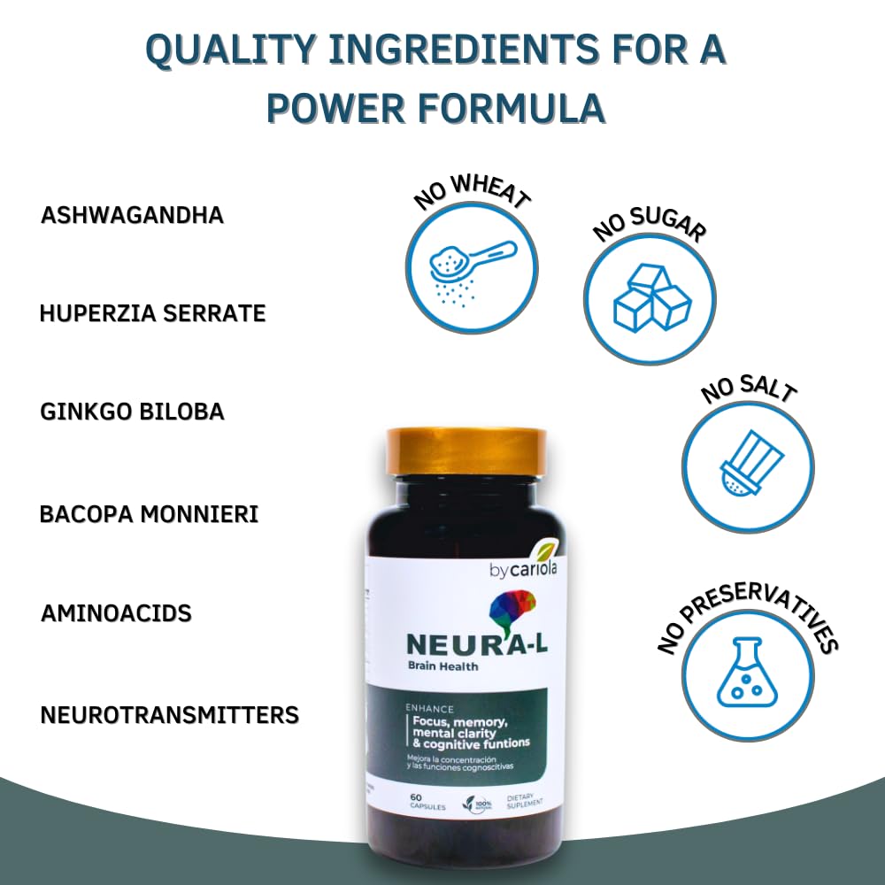 BY CARIOLA Neural-L Natural Brain Support Supplement 60 Caps - Mental Support – Memory Booster - Concentration - Natural Formula - Ashwagandha - L-Tyrosine - L-Theanine BY CARIOLA uk supplements