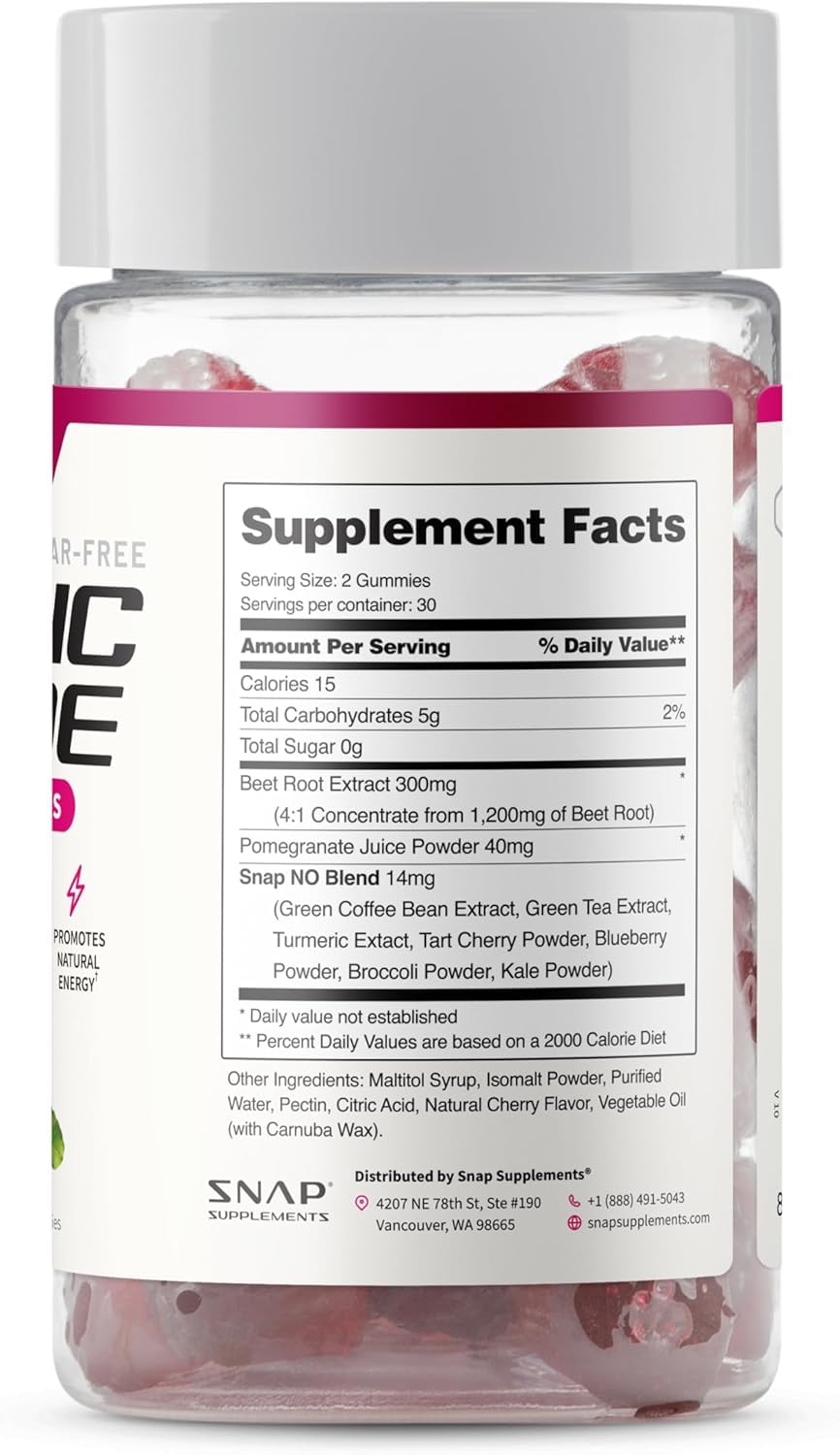 Snap Supplements Nitric Oxide Gummies - Beet Root Extract 300mg, Sugar Free Beetroot Supplement with Pomegranate Powder for Circulation & Natural Energy, 60 Vegan Gummies, Cherry Flavor Snap Supplements uk supplements