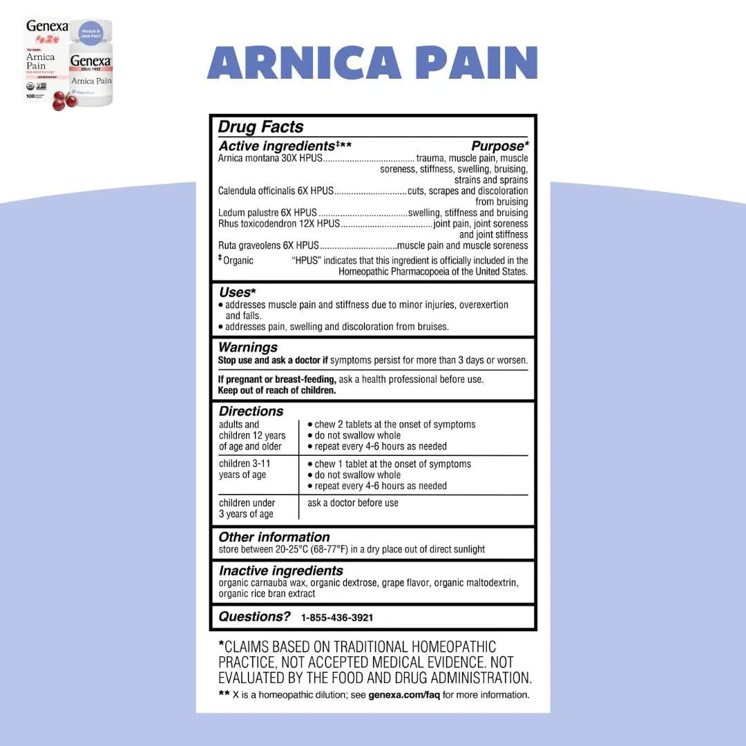 Genexa Adult Pain Relief Bundle | 500mg Acetaminophen Caplets + Homeopathic Arnica Chewables | Fast Relief for Headache, Joint & Muscle Pain | OTC + Homeopathic Combo | No Dyes or Artificial Additives Genexa uk supplements