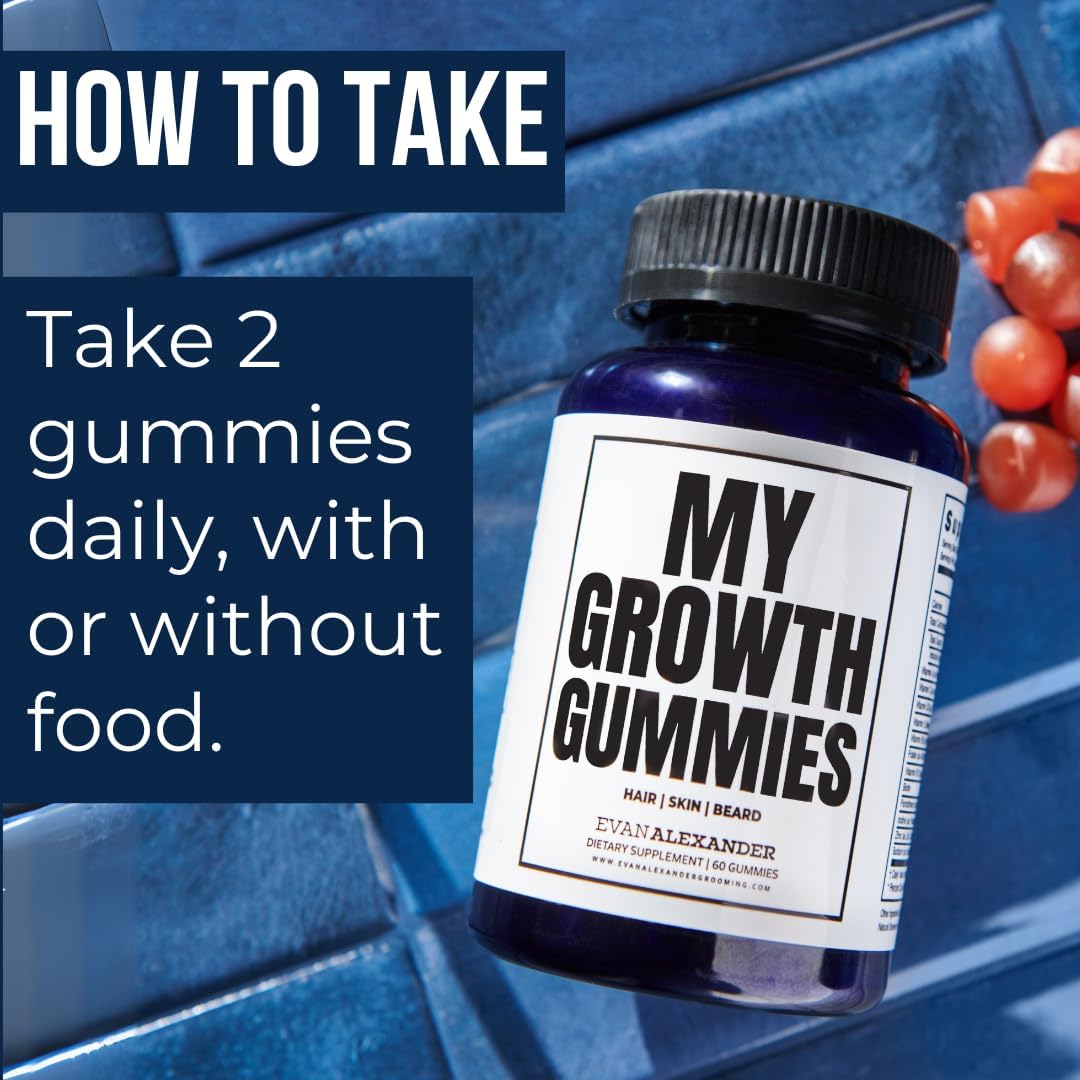 Evan Alexander Grooming My Growth Gummies | Healthy Hair & Beard Growth Support | Stronger Hair Follicles & Better Skin | Strawberry & Coconut Flavor | Vitamins C, D3, B6, B12 & Biotin | 60 Gummies Evan Alexander Fine Grooming uk supplements