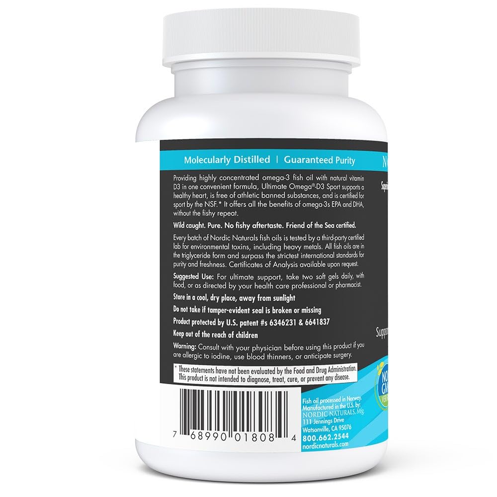 Nordic Naturals Ultimate Omega-D3 Sport, Lemon - 60 Soft Gels - 1480 mg Omega-3 + 1000 IU Vitamin D3 - NSF Certified - Supports Muscle, Bones, Focus & Endurance - 30 Servings Nordic Naturals uk supplements