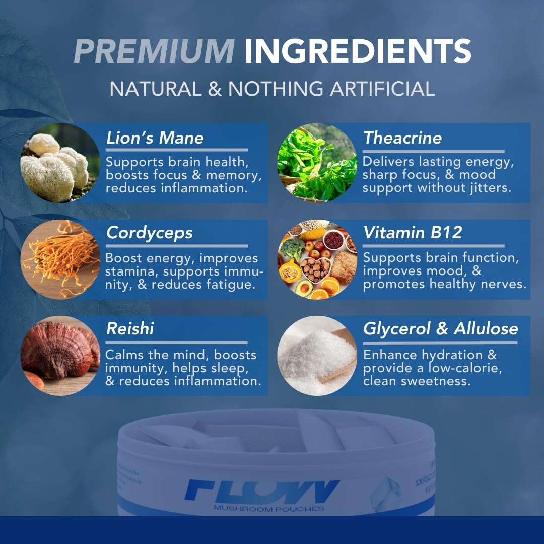 Flow Pouches Mushroom Nootropic Pouches - 600mg Organic Mushroom Energy Ultra Pouches with Lion's Mane, Reishi, Cordyceps for Focus & Clean Energy - Zero Caffeine or Sugar (5 Can Pack, Cool Mint) Flow Pouches uk supplements