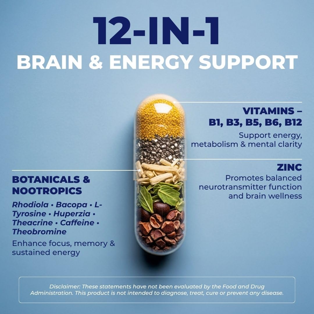 Vital Nootropic 12-in-1 Brain Supplement for Memory, Focus & Energy Support – L-Tyrosine, Bacopa, Rhodiola, Caffeine, B Vitamins – Cognitive Balance Capsules for Men & Women-30 Days Supply VITAL NUTRITIVE uk supplements