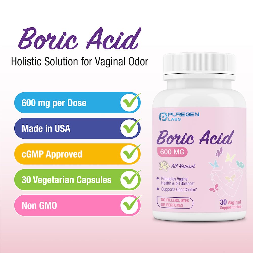 Puregen Labs Boric Acid 600 mg Vaginal Suppositories - 100% Pure | All Natural Without Dyes or Fillers P Puregen Labs uk supplements