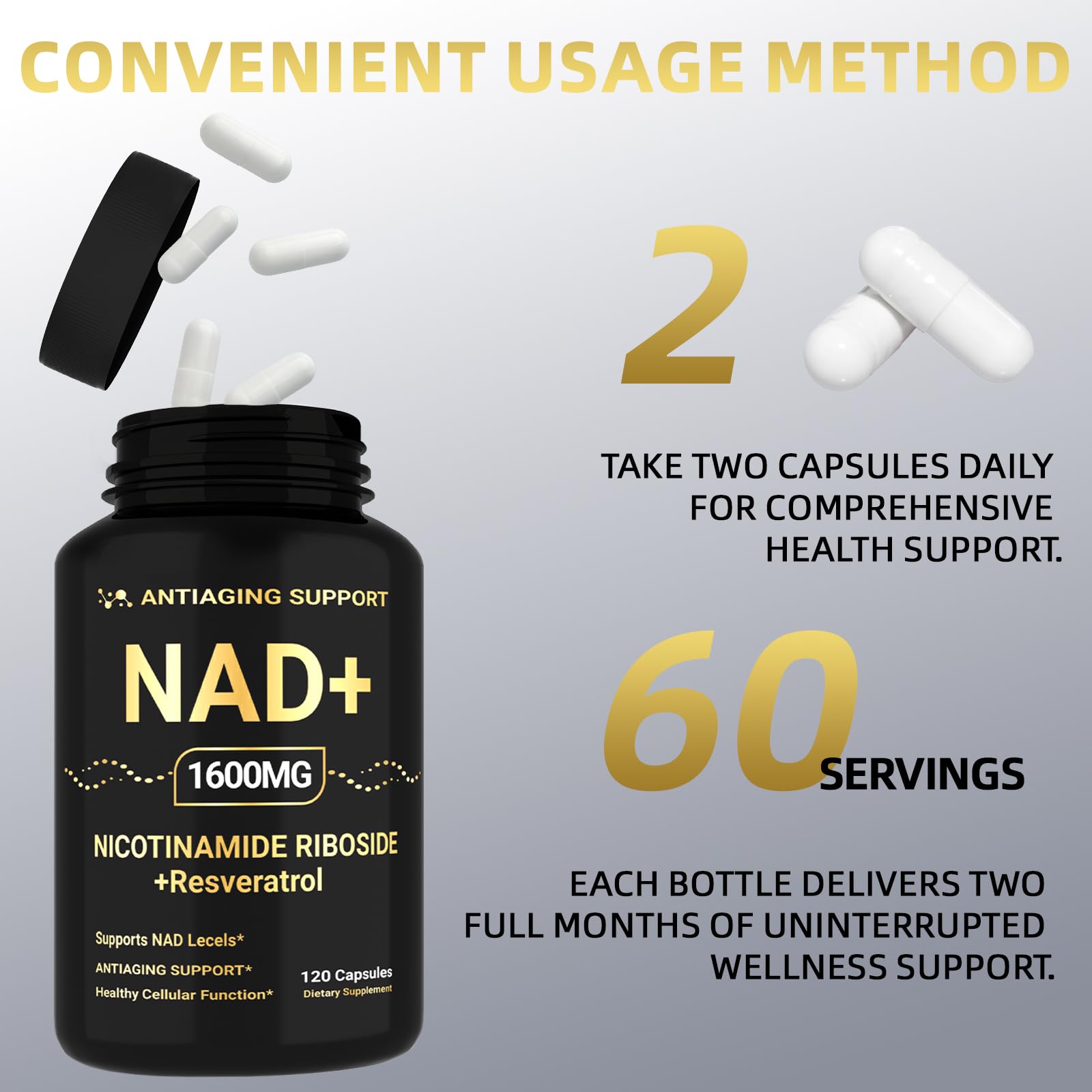 NAD Supplement 1600mg, NAD+ with Resveratrol & Nicotinamide Riboside, Anti-Aging Support, Cellular Energy & Mental Clarity Support, Vegan Non-GMO, 120 Capsules ANTIAGING SUPPORT uk supplements