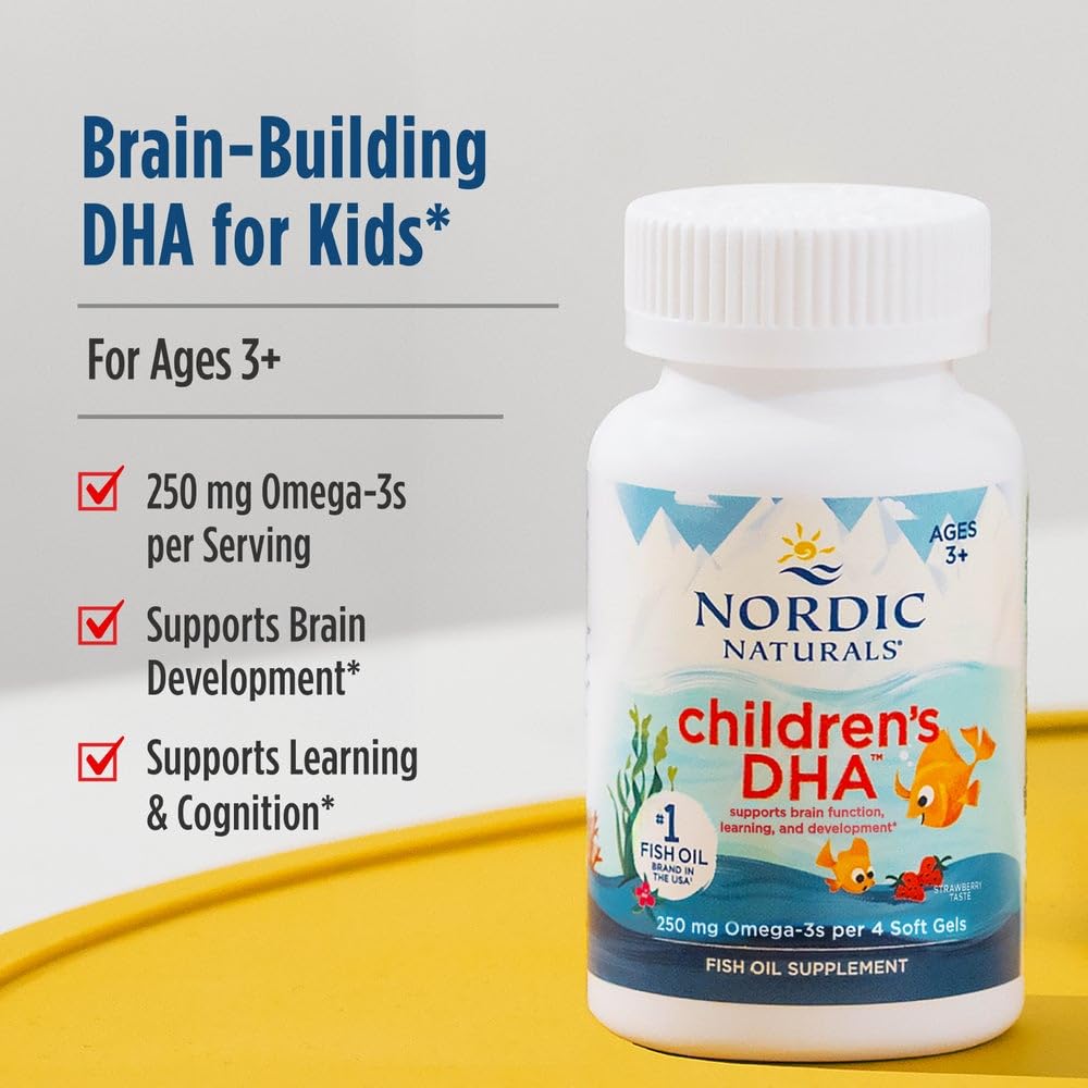 Nordic Naturals Children’s DHA, Strawberry - 120 Mini Chewable Soft Gels for Kids - 250 mg Omega-3 with EPA & DHA - Brain Development & Function - Non-GMO - 30 Servings (Pack of 2) Nordic Naturals uk supplements