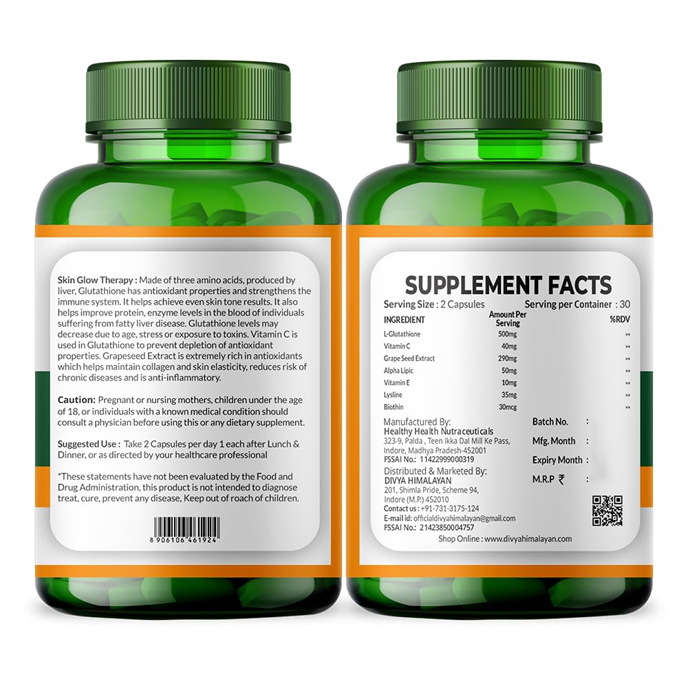 Divyhimalayan L-Glutathione 1000mg - 98% Pure Reduced Form with Vitamin C & ALA for Radiant Skin, Antioxidant & Immune Support - 60 Capsules Divya Himalayan uk supplements