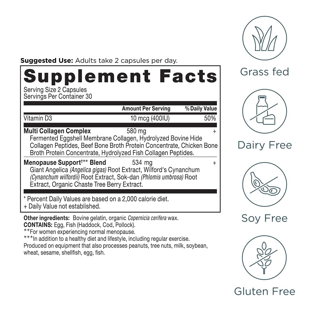 Ancient Nutrition Menopause Support + Collagen Supplement, Hydrolyzed Collagen Peptides, Key Clinically Validated Superfoods, Significant Improvement in Hot Flashes and Sleep Quality, 60 Capsules Ancient Nutrition uk supplements