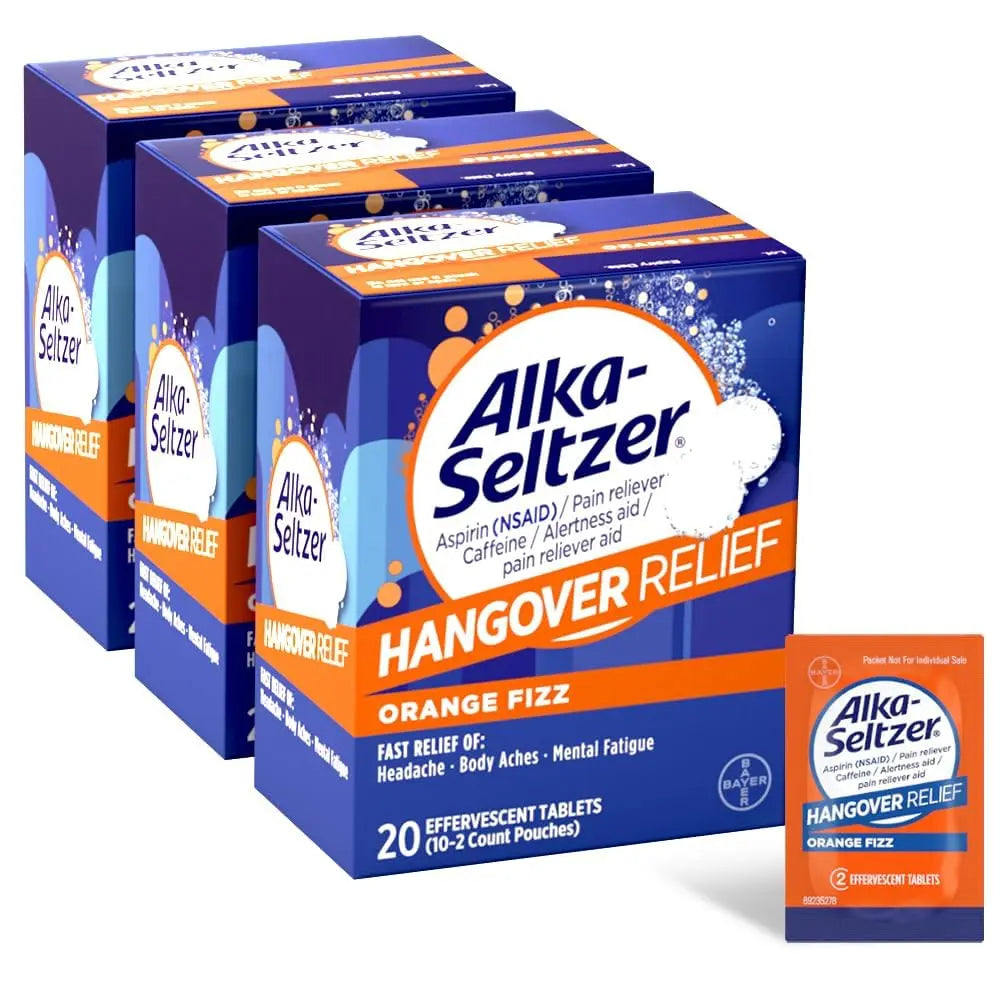 Alka-Seltzer Hangover Relief Tablets, Fast Relief Starts In About 15 Minutes for Headaches, Body Aches & Mental Fatigue, Bachelorette & Bachelor Party Packs 60 Count (3 Boxes, 20 Tablets Each) Alka-Seltzer uk supplements