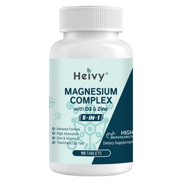 Heivy Magnesium Complex, Magnesium Glycinate, Citrate, Malate, Oxide, Gluconate with Zinc and Vitamin D3, Magnesium Supplement for Muscle, Nerve, Heart, Bone Support, High Absorption, 90 Tablets Heivy uk supplements