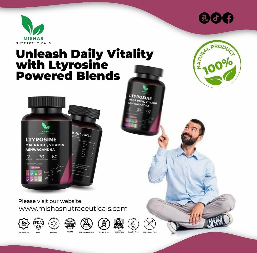 Mishas Nutraceuticals L-Tyrosine with Maca Root, Ashwagandha & Vitamins Complex – Energy, Mental Focus, Stress Relief & Immunity Support – 60 Capsules (30 Servings) Mishas uk supplements