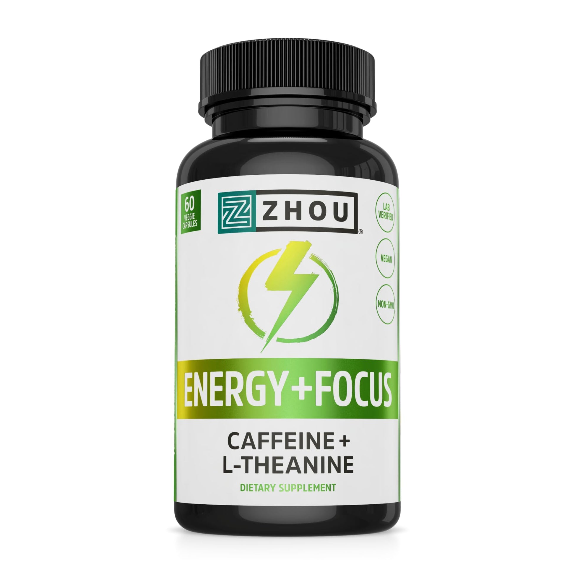 Zhou Energy + Focus - L Theanine Caffeine Pills, 200mg L-Theanine, 100mg Natural Anhydrous Caffeine Boost for Adults, Men & Women, Slow Extended Release - 60 Vegetarian Capsules (Pack of 1) ZHOU uk supplements