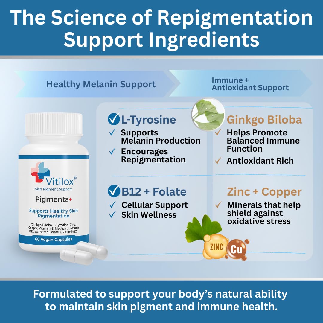Vitilox Pigmenta+ Advanced, Skin Tone Support Supplement – 60 Tablets | 2 Months | Natural Vitiligo Skin Pigmentation Support | Reduce White Body Spots Vitilox uk supplements