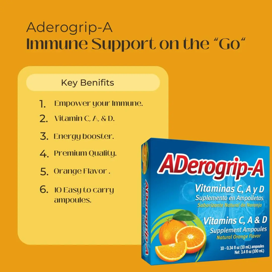 Aderogripa Immune Support Vitamins C, A & D | Liquid Supplement | 10 Natural Orange Flavor Ampoules | Boost Your Immune System ADEROGRIP-A uk supplements
