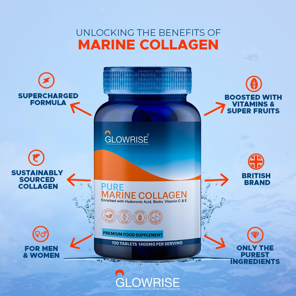Pure Marine Collagen 120 Tablets 1400mg - Premium Blend with Hyaluronic Acid, Biotin, Vitamin C & E GLOWRISE uk supplements