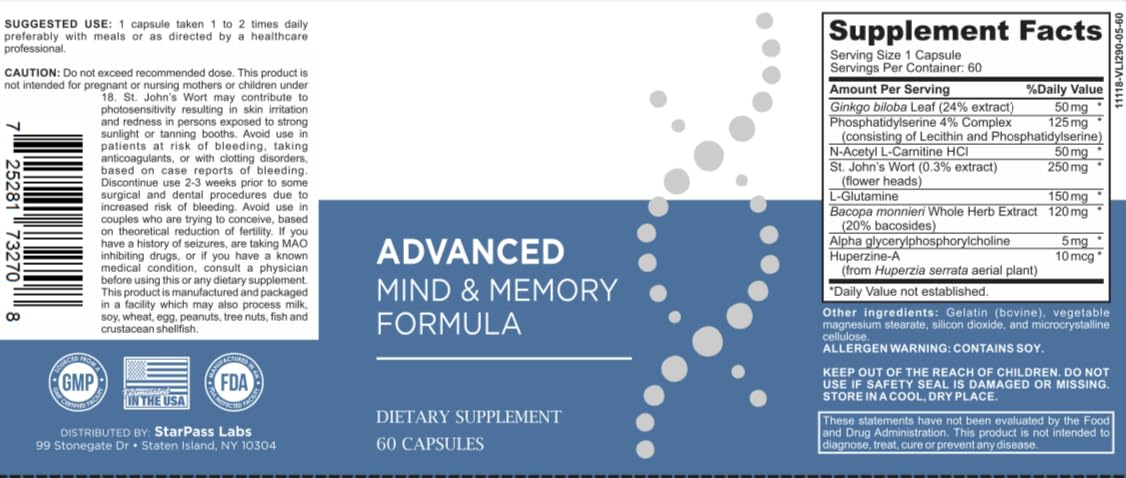 StarPass Labs Advanced Memory Formula Extreme Brain Booster, Brain Supplement for Memory, Focus and Mental Performance, Memory Vitamins for Better Brain Health 180 Capsules (3 Pack) StarPass Labs uk supplements