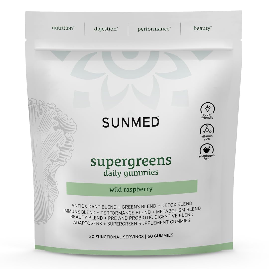 SUNMED Supergreens Daily Gummies – Wellness Blend with Ashwagandha, Green Tea, Spirulina, Probiotics, Antioxidants & Detox Support for Immunity, Gut, Skin & Brain Health | Wild Raspberry, 60ct SUNMED uk supplements