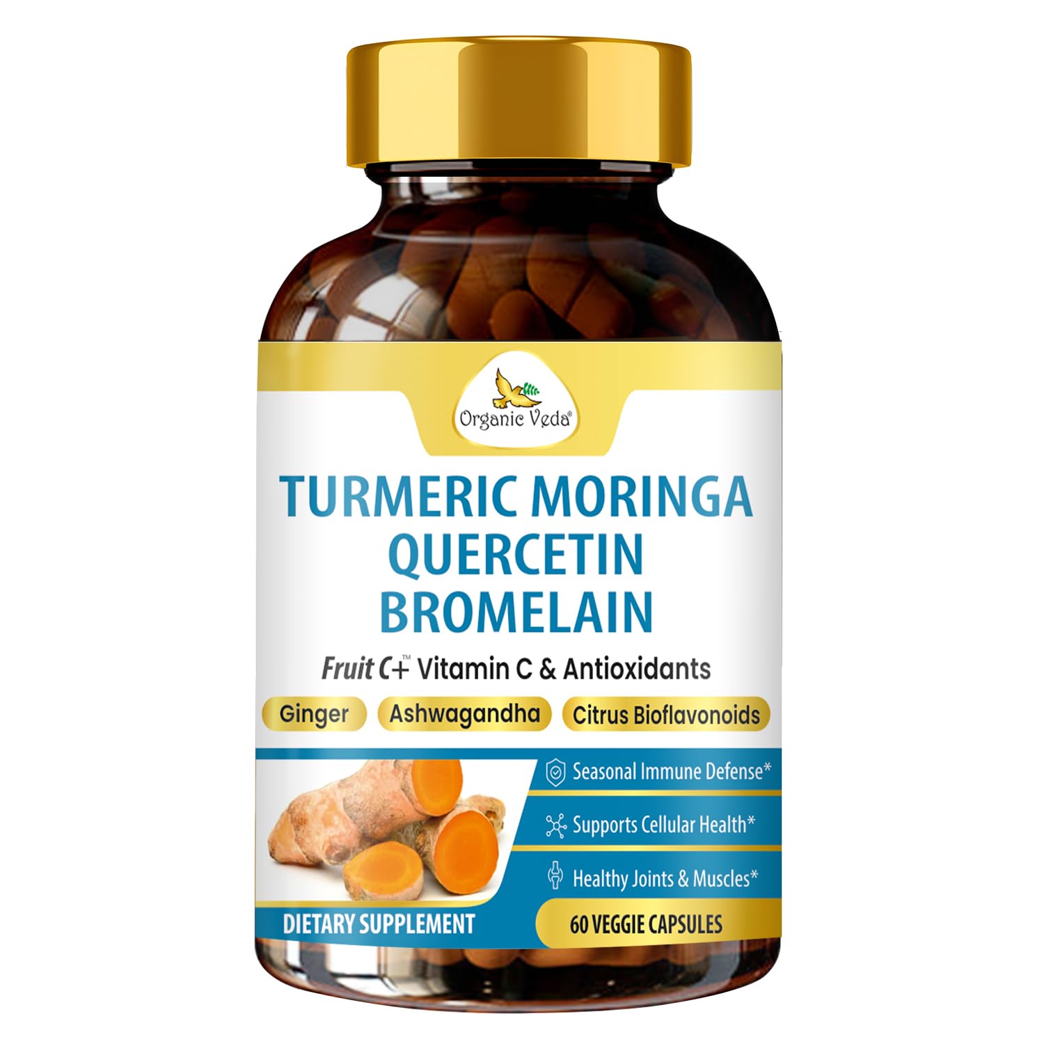 Organic Veda Turmeric Moringa Quercetin with Bromelain Capsules - Fruit C+ Vitamin C Antioxidants Immune System & Respiratory Supplement - Ashwagandha, Ginger, Citrus Bioflavonoids, 60 Vegan Capsule Organic Veda uk supplements