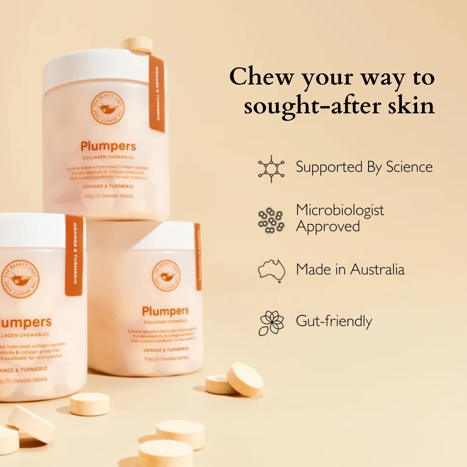 The Beauty Chef Plumpers™ Collagen Chewable Tablets with Hyaluronic Acid & Postbiotic, Supports Skin Elasticity & Collagen, Women's Multivitamin, Collagen Peptides, 75 Tablets (Orange & Turmeric) The Beauty Chef uk supplements
