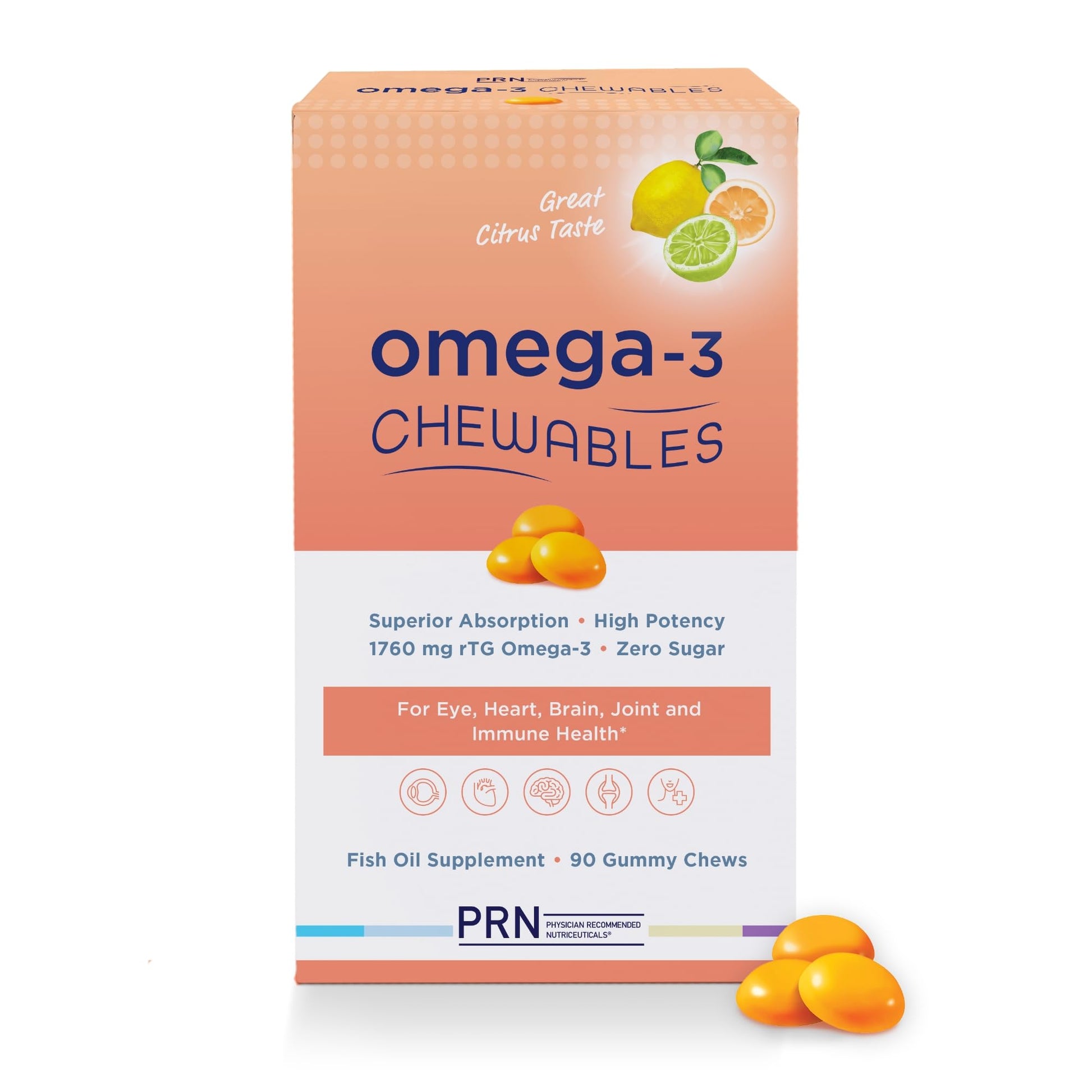 Omega 3 Gummy Chewables - 90 Gel Chews, 30-Day Supply, Citrus Flavor - 1760mg Ultra-Pure rTG Omega 3 for Eye, Heart, Brain, Joint & Immune Health PRN Physician Recommended Nutriceuticals uk supplements