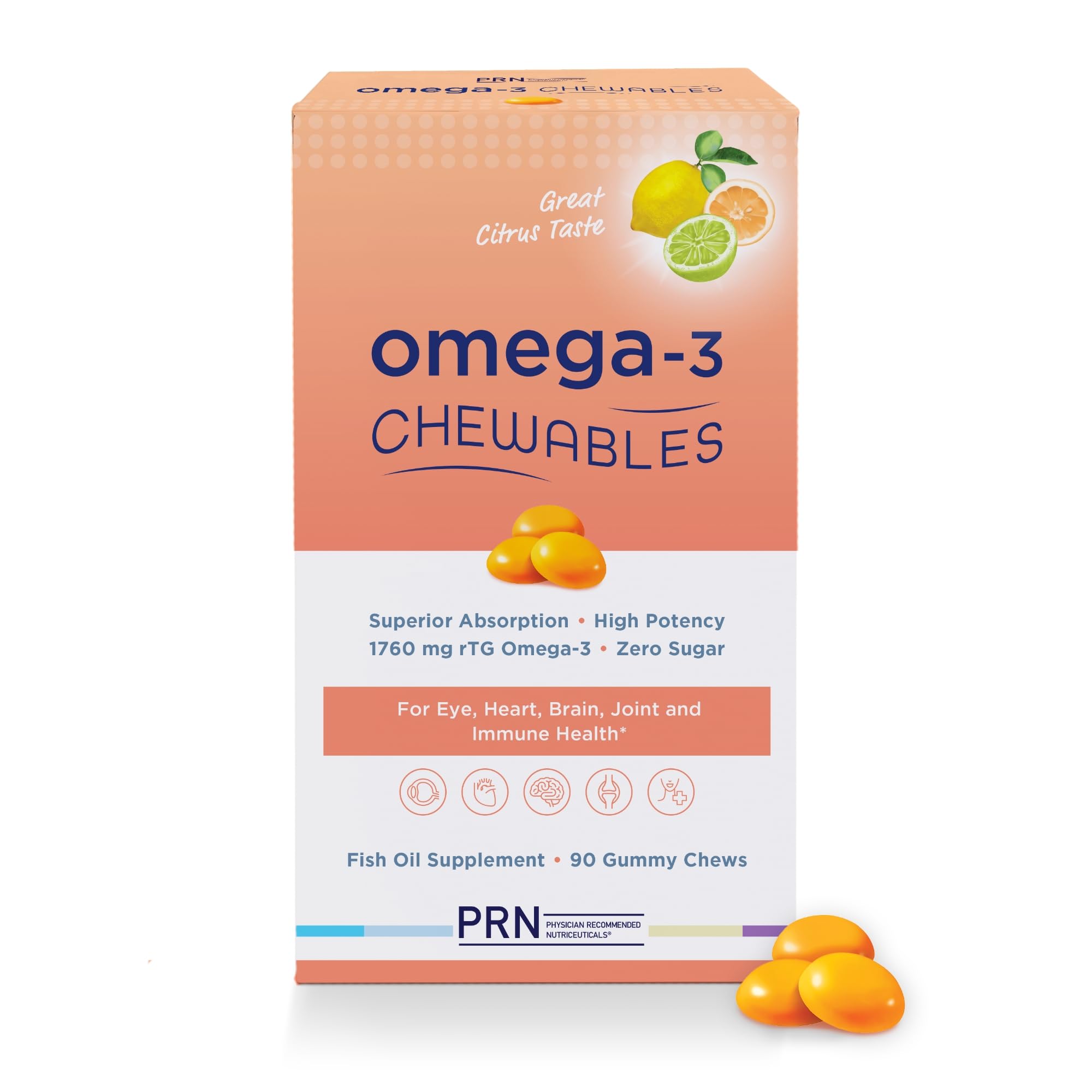 Omega 3 Gummy Chewables - 90 Gel Chews, 30-Day Supply, Citrus Flavor - 1760mg Ultra-Pure rTG Omega 3 for Eye, Heart, Brain, Joint & Immune Health PRN Physician Recommended Nutriceuticals uk supplements