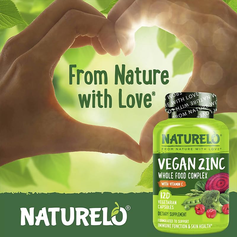 NATURELO Vegan Zinc Immune Support Capsules - Whole Food Complex with Vitamin C for Healthy Skin, Hair, and Nails - 120 Capsules NATURELO uk supplements