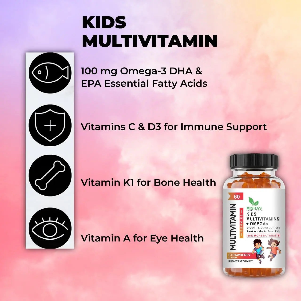 Mishas Nutraceuticals Kids Multivitamin Gummies with Omega 3 Fish Oil (EPA/DHA), Vitamin D3, C, B12, B6, Vitamin A, K & Zinc Immune Support Mishas uk supplements