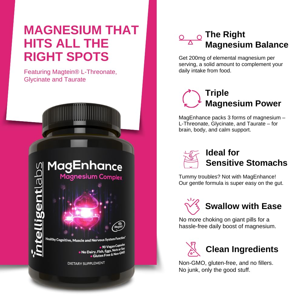 Intelligent Labs MagEnhance Magtein Magnesium Complex Supplement L-Threonate with Magnesium Glycinate and Taurate, 90 Capsules Intelligent Labs uk supplements