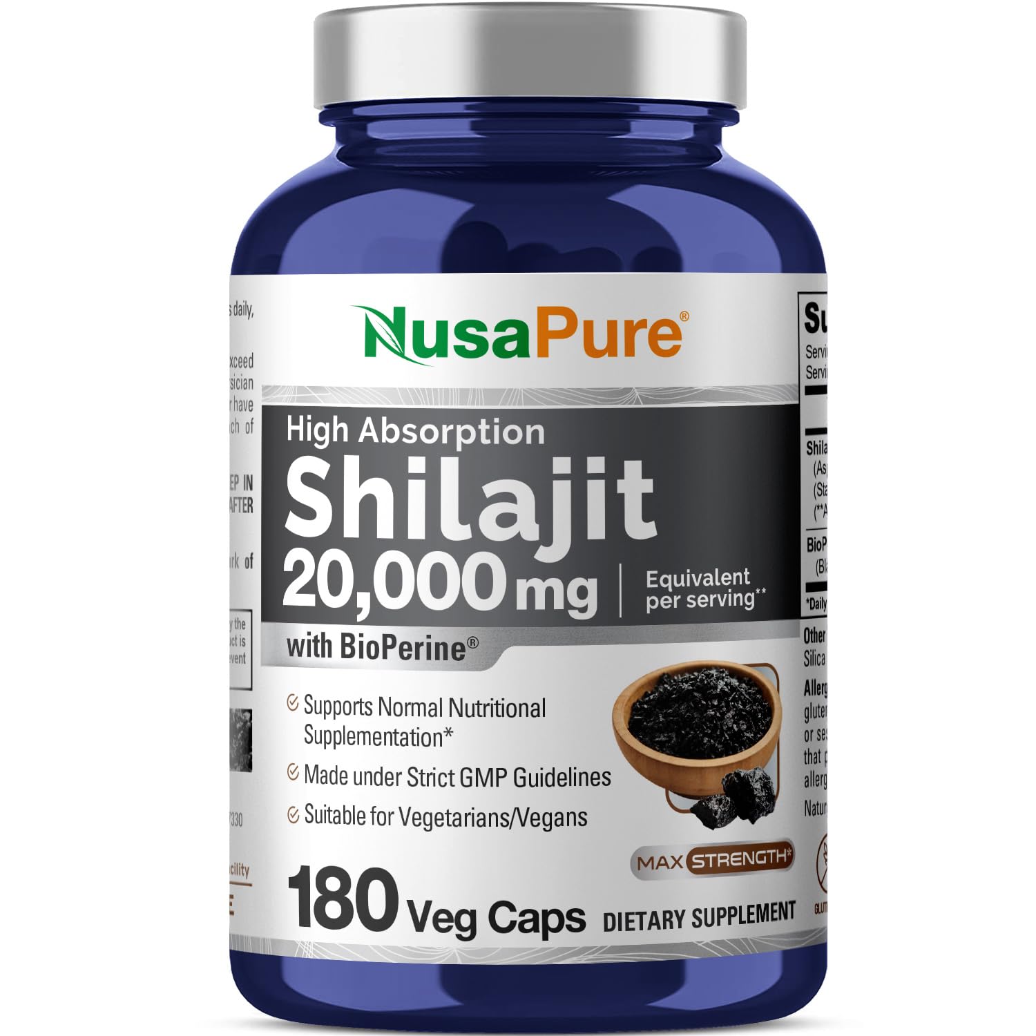 NusaPure Shilajit 20,000mg per Serving, 180 Veggie Caps, Non-GMO, Gluten Free, Bioperine NusaPure uk supplements