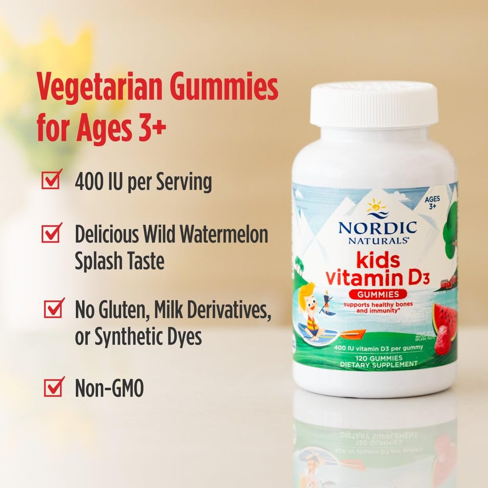 Nordic Naturals Vitamin D3 Gummies Kids, Wild Watermelon Splash - 120 Gummies - 400 IU Vitamin D3 - Bone Health, Healthy Immunity - Non-GMO, Vegetarian - 120 Servings Nordic Naturals uk supplements