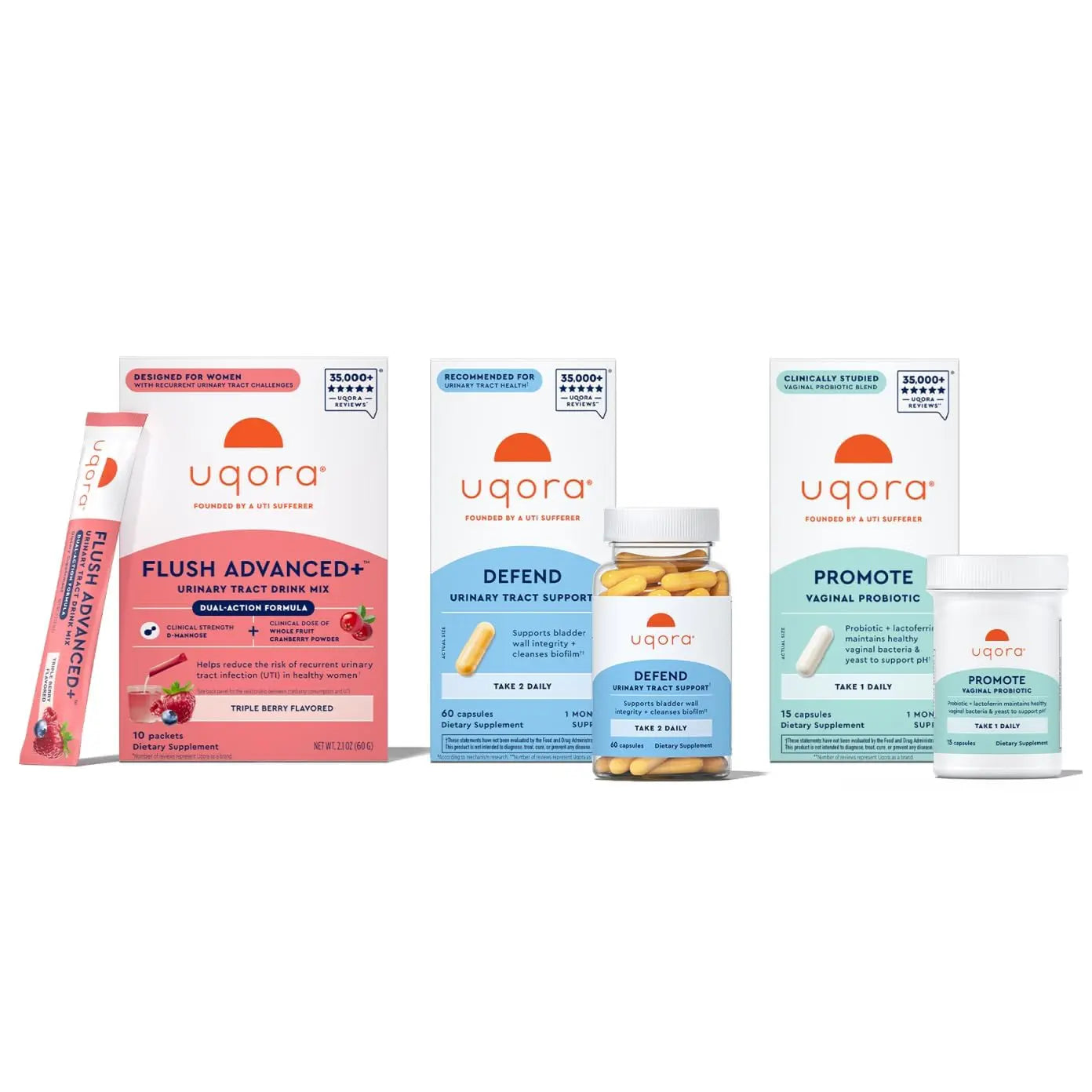 Uqora Flush Advanced+ Regimen with Flush Advanced+ - Cranberry to Reduce Risk of Recurrent UTI** - Defend & Promote - D-Mannose, Vitamin C, Green Tea Extract & Probiotics - 3-Part Bundle Uqora uk supplements