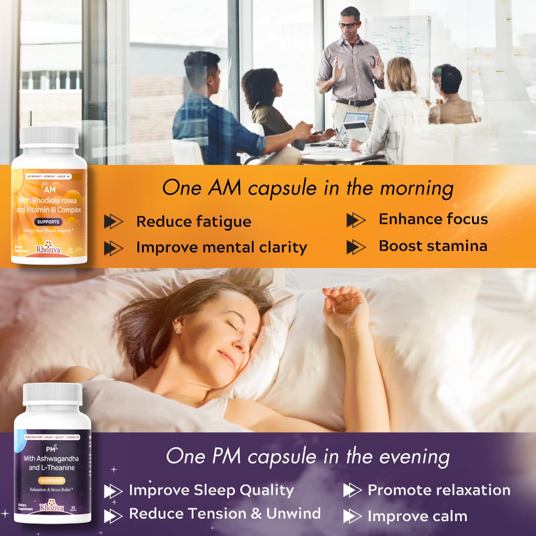 AM PM Multivitamin - Cortisol Supplements for Women and Men with L-Theanine, Ashwagandha - Rhodiola Rosea Supplement 200mg - Vitamin B Complex - Nootropics - Day and Night Vitamins for Women & Men Rhoziva uk supplements