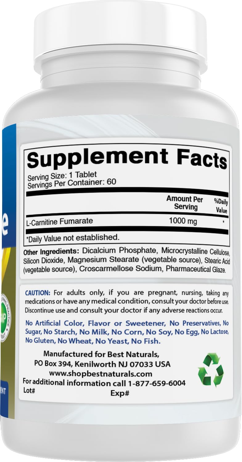 Best Naturals L-Carnitine 1000mg 60 Tablets (60 Count (Pack of 1)) Best Naturals uk supplements