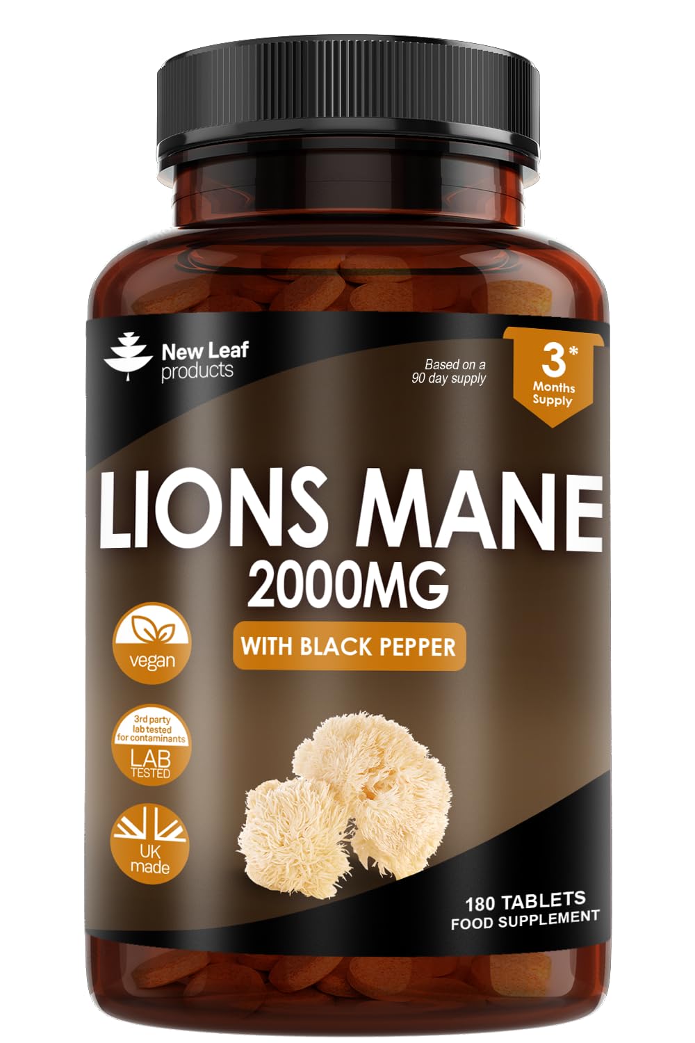 Lions Mane Mushroom Extract Supplement 2000mg - 180 High Strength Vegan Tablets NEW LEAF PRODUCTS uk supplements