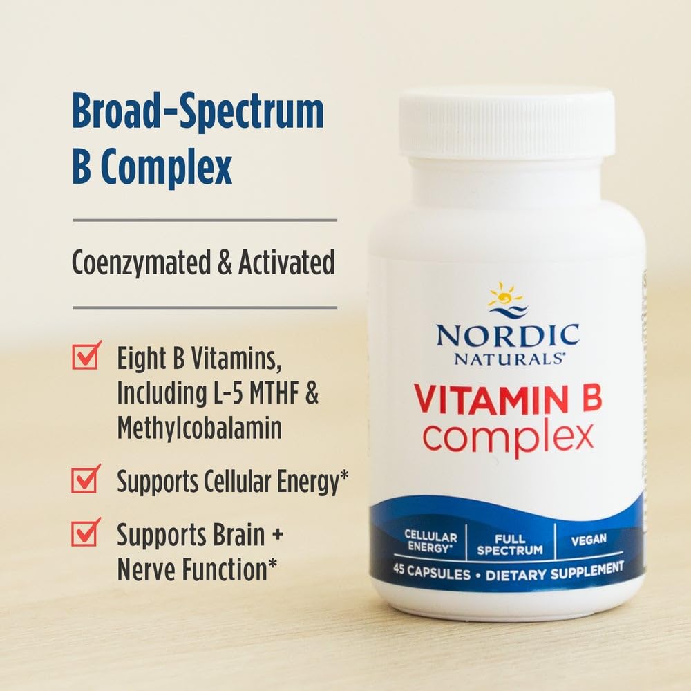 Nordic Naturals Vitamin B Complex - 45 Capsules Thiamine, Riboflavin, Niacin, B6 & B12, Folate, Biotin, Pantothenic Acid Heart Brain Health, Energy, Metabolism Non-GMO Servings Nordic Naturals uk supplements