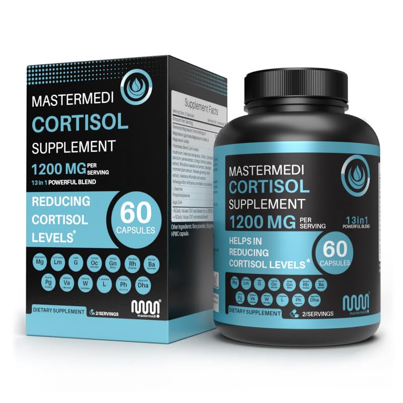 mastermedi Cortisol Supplements for Women and Men Support with Magnesium, Ashwagandha, Lion’s Mane & GABA – Adaptogenic Stress Relief & Mood Support – Non-GMO, No Fillers, Gluten-Free mastermedi uk supplements