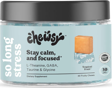 Chewsy So Long Stress, Calm Fruity Chews, Stay Calm & Focused. w/L-theanine, Amino Acid, GABA, Glycine, Tyrosine, Taurine & Magnesium. Non-GMO and Gluten-Free. Tropical Fruity Chews, 30-Day Supply CHEWSY uk supplements