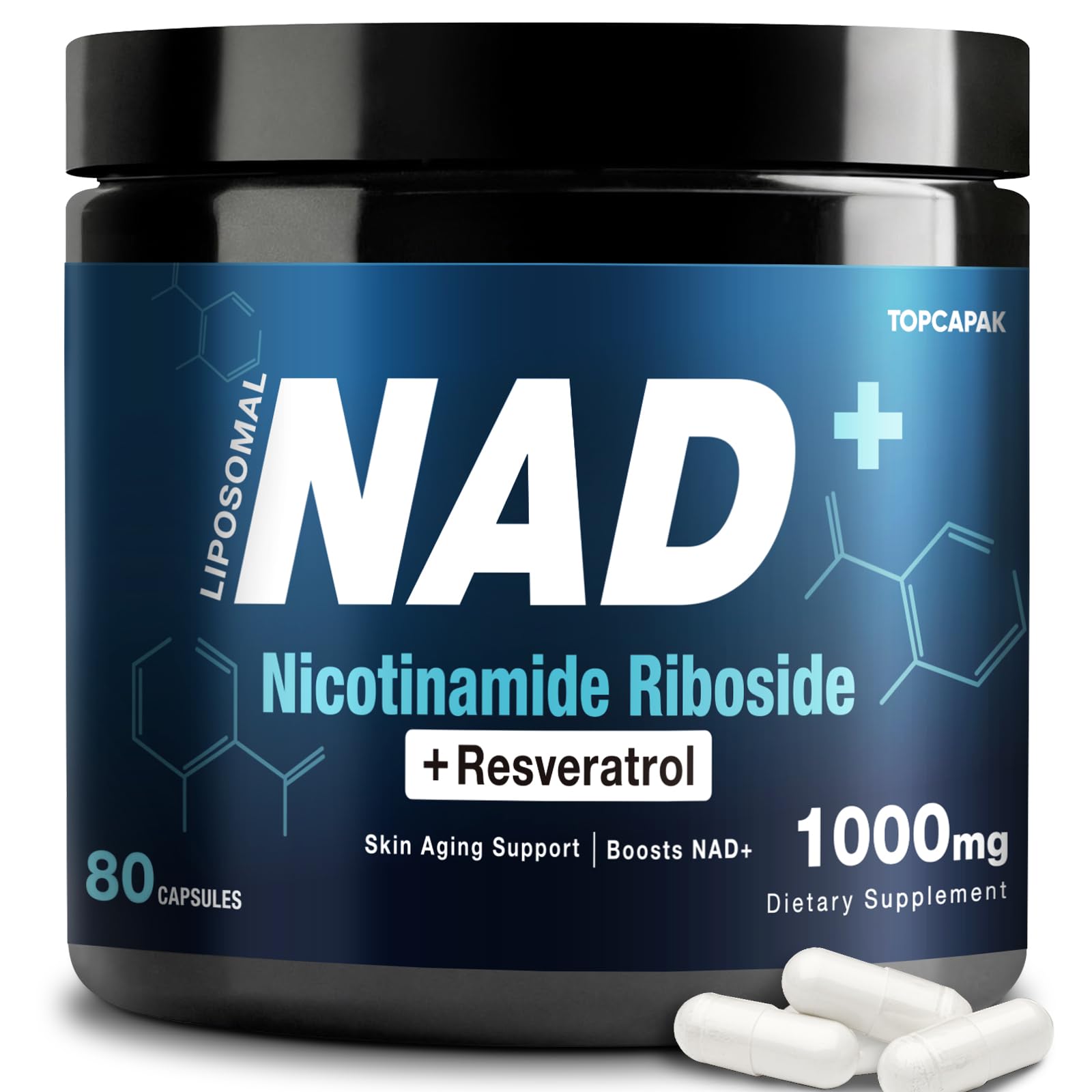 NAD+ Supplement 1000mg - Nicotinamide Riboside (NR) and Resveratrol, Liposomal NAD of Pure Organic Ingredients for Women & Men Healthy Aging, Brain and Cellular Energy, 80 Capsules TOPCAPAK uk supplements